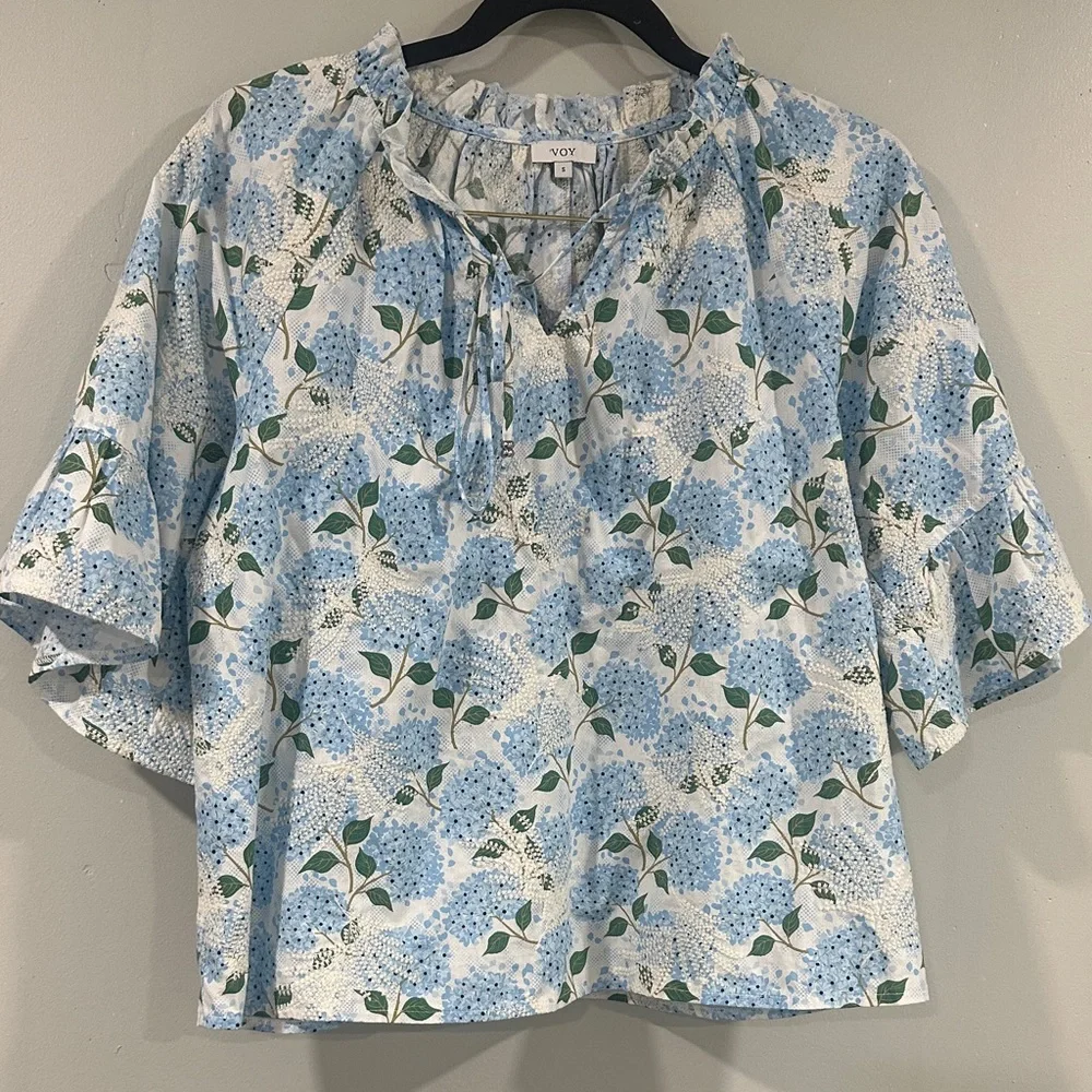 Voy Floral Print Blouse in Blue and White embroidered size S 100% cotton - Picture 1 of 10